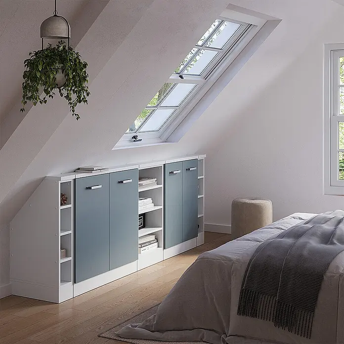 Vicco Schrankküche R-Line Blau-Grau 5er Set - Blau-Grau, Dachschrägenzeile 210cm - Maßgefertigtes Dachschrägen-Schranksystem in Weiß und Blaugrau mit Türen und Regalen.