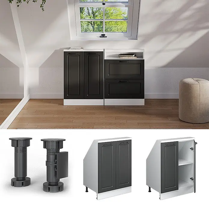 Vicco Küchenleerblock R-Line Anthrazit Landhaus mit 2 Türen - Breite: 60 cm, Anthrazit Landhaus - Modulare dunkelgraue Schränke mit weißen Platten für Dachschrägen, in einem Dachzimmer gezeigt. Verstellbare Beine und Innenablagen sind ebenfalls abgebildet.