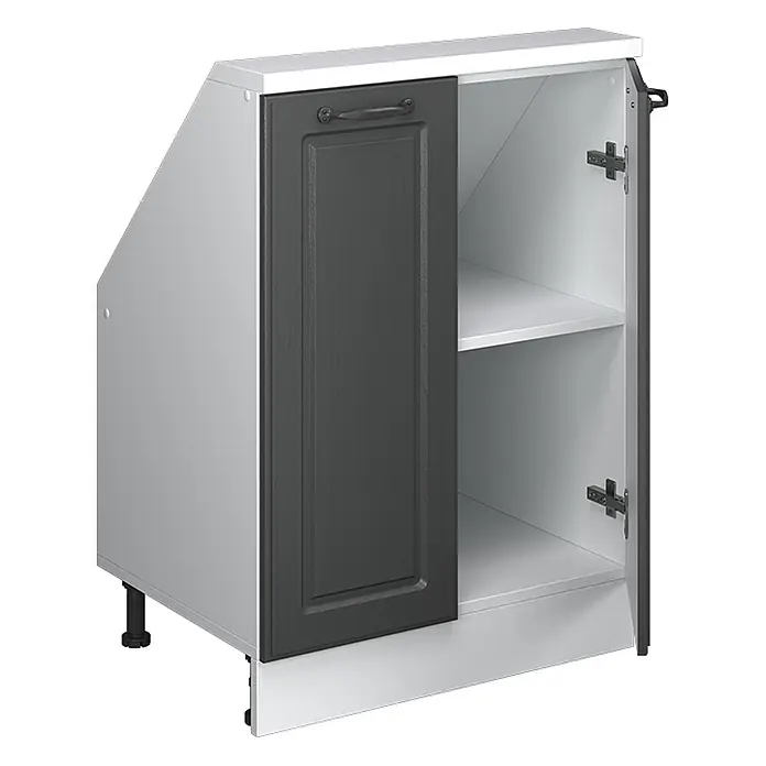 Vicco Küchenleerblock R-Line Anthrazit Landhaus mit 2 Türen - Breite: 60 cm, Anthrazit Landhaus - Grauer Küchenunterschrank mit schräger Seite, dunkelgrauer Tür, schwarzem Griff und Einlegeböden.
