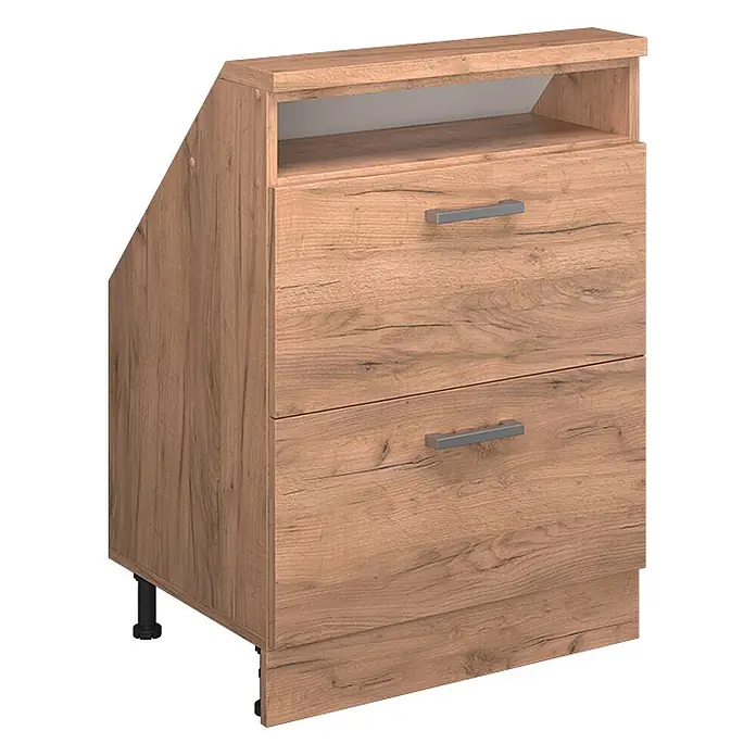 Vicco Schrankküche R-Line Goldkraft Eiche mit 2 Schubladen - Goldkraft Eiche, Dachschrägenschrank 60cm mit Schublade - Heller Holzoptik-Schrank mit zwei Schubladen, offener Ablage und schräger linker Seite, passend für Dachschrägen. Mit Metallgriffen.