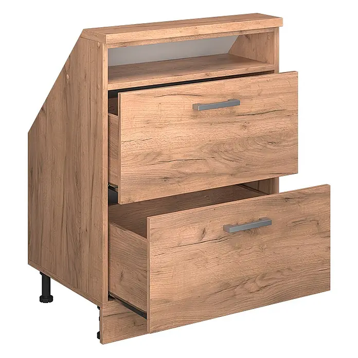 Vicco Schrankküche R-Line Goldkraft Eiche mit 2 Schubladen - Goldkraft Eiche, Dachschrägenschrank 60cm mit Schublade - Heller Holzschrank mit zwei Schubladen, eine davon geöffnet, einem offenen oberen Fach und schräger linker Seite.