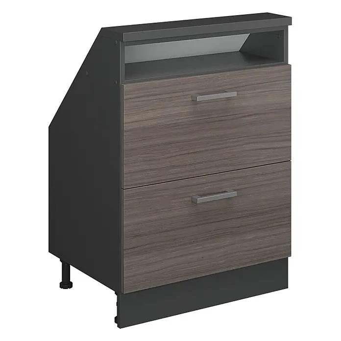 Vicco Schrankküche R-Line Edelgrau mit 2 Schubladen - Edelgrau, Dachschrägenschrank 60cm mit Schublade - Dunkelgrauer Schrank mit zwei graubraunen Holzoptik-Schubladen, silbernen Griffen und offenem Ablagefach.