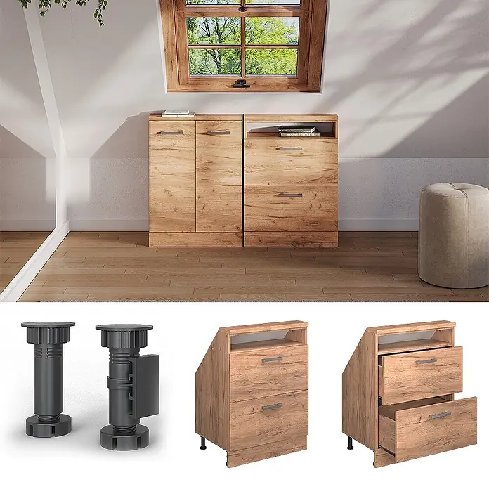 Vicco Schrankküche R-Line Goldkraft Eiche mit 2 Schubladen - Goldkraft Eiche, Dachschrägenschrank 60cm mit Schublade - Holzschränke mit Metallgriffen und verstellbaren Füßen, mit Türen und Schubladen, in einem gemütlichen Raum.