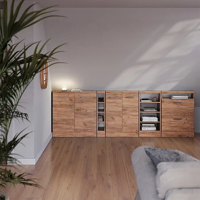 Vicco Schrankküche R-Line Goldkraft Eiche mit 2 Schubladen - Goldkraft Eiche, Dachschrägenschrank 60cm mit Schublade - Modulares Holz-Aufbewahrungssystem in heller Holzoptik mit Schränken, Schubladen und offenen Regalen für das Wohnzimmer.