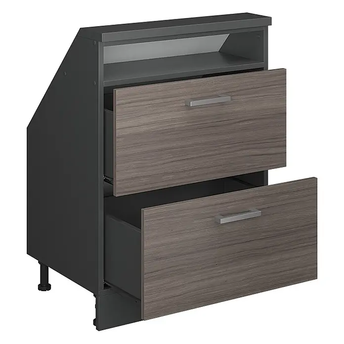 Vicco Schrankküche R-Line Edelgrau mit 2 Schubladen - Edelgrau, Dachschrägenschrank 60cm mit Schublade - Dunkelgrauer Eck-Küchenunterschrank mit zwei grauen Schubladen in Holzoptik, eine teilweise geöffnet, und einem offenen oberen Fach.