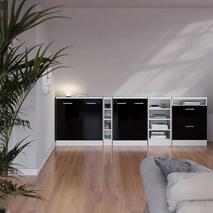 Vicco Küchenleerblock R-Line Schwarz Hochglanz mit 2 Schubladen - Breite: 60 cm, Schwarz Hochglanz - Schwarze und weiße modulare Aufbewahrungseinheiten mit glänzenden Türen, Schubladen und offenen Regalen in einem modernen Wohnraum.