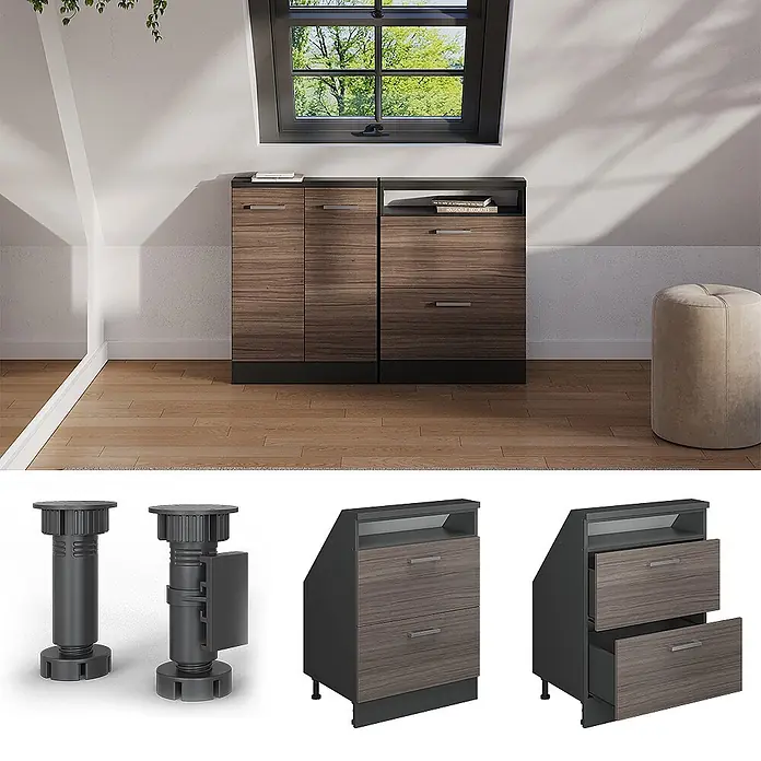 Vicco Schrankküche R-Line Edelgrau mit 2 Schubladen - Edelgrau, Dachschrägenschrank 60cm mit Schublade - Abgeschrägter Schrank in Holzoptik mit dunklen Akzenten und verstellbaren Füßen, für Dachschrägen, Schubladen geöffnet.
