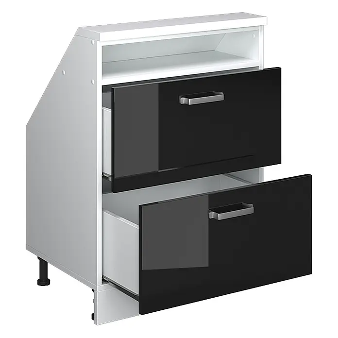 Vicco Küchenleerblock R-Line Schwarz Hochglanz mit 2 Schubladen - Breite: 60 cm, Schwarz Hochglanz - Weißer Küchenunterschrank mit zwei glänzend schwarzen Schubladen und einem offenen Fach.
