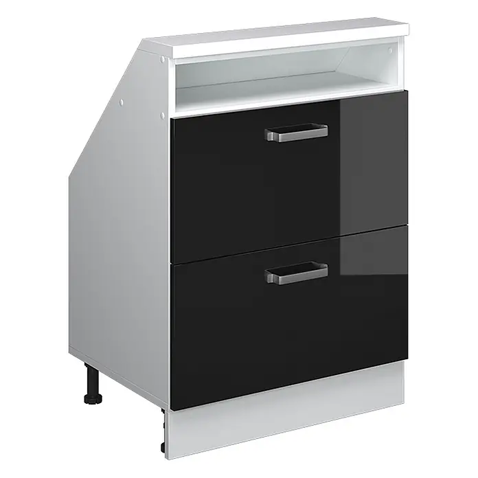 Vicco Küchenleerblock R-Line Schwarz Hochglanz mit 2 Schubladen - Breite: 60 cm, Schwarz Hochglanz - Schwarzer Hochglanz-Zweischubladenschrank mit silbernen Griffen, offenem Fach und weiß-grauer Oberfläche.