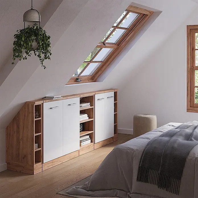 Vicco Schrankküche R-Line Weiß Hochglanz 5er Set - Weiß Hochglanz, Dachschrägenzeile 210cm - Dachschrägen-Schranksystem in heller Holzoptik mit weißen Türen, passend unter die Schräge für Schlafzimmerordnung.