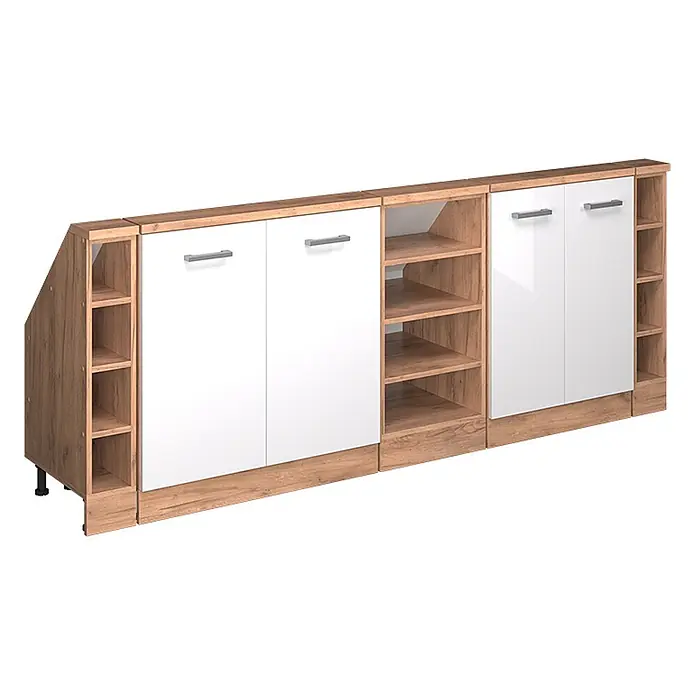 Vicco Schrankküche R-Line Weiß Hochglanz 5er Set - Weiß Hochglanz, Dachschrägenzeile 210cm - Schrank in Holzoptik und Weiß mit Türen und offenen Fächern, mit schräger linker Seite für anpassbaren Stauraum.