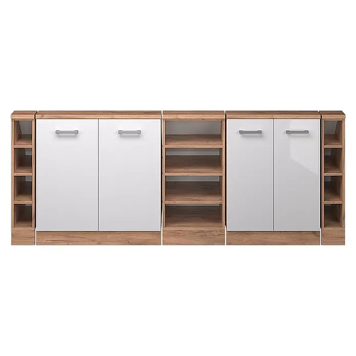 Vicco Schrankküche R-Line Weiß Hochglanz 5er Set - Weiß Hochglanz, Dachschrägenzeile 210cm - Modulares Sideboard mit weißen Hochglanztüren und offenen Regalen in heller Holzoptik.