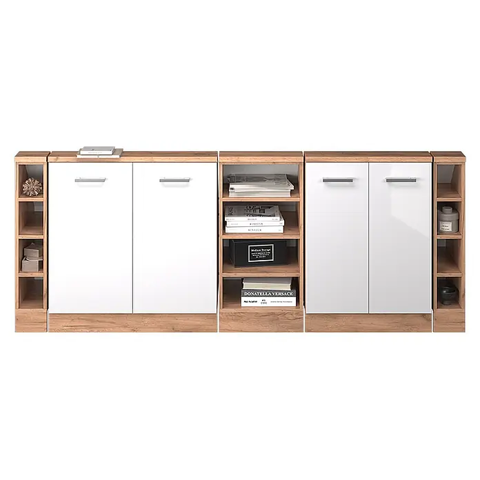Vicco Schrankküche R-Line Weiß Hochglanz 5er Set - Weiß Hochglanz, Dachschrägenzeile 210cm - Modulares Aufbewahrungskabinett mit weißen Türen und hellen Holz (Eiche-Optik) offenen Regalen.