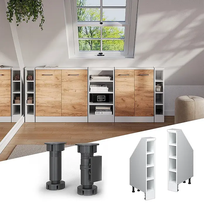 Vicco Schrankküche R-Line Weiß mit 4 Fächern - Dachschrägenschrank 15 cm offen - Modulares Dachschrägenschranksystem mit weißen Rahmen und hellen Holztüren. Offene Regale, verstellbare Füße und schräge Seitenmodule.