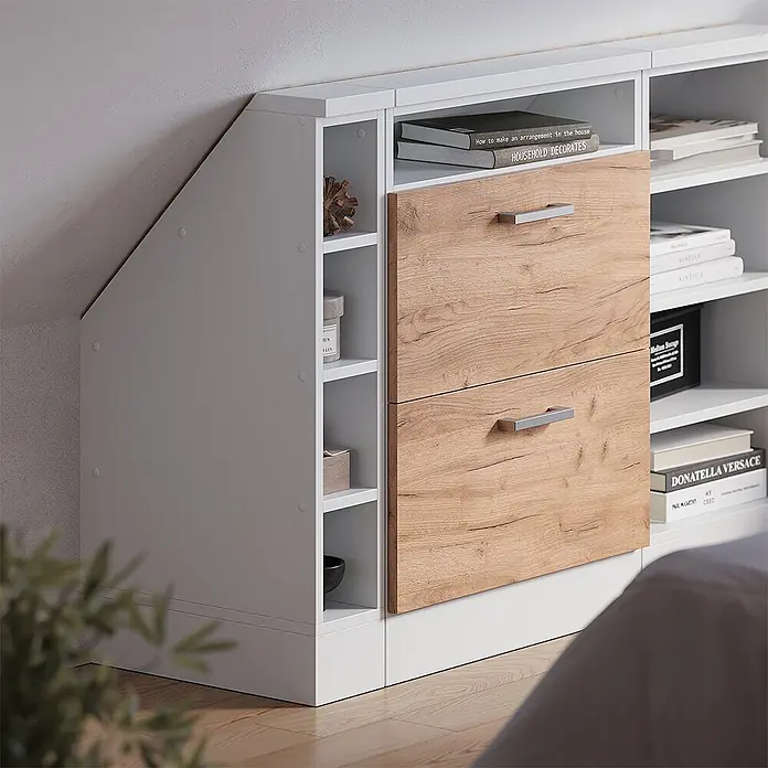 Vicco Schrankküche R-Line Weiß mit 4 Fächern - Dachschrägenschrank 15 cm offen - Weißes modulares Stauraummöbel mit hellen Holzschubladen und offenen Fächern, für Dachschrägen im Schlafzimmer.