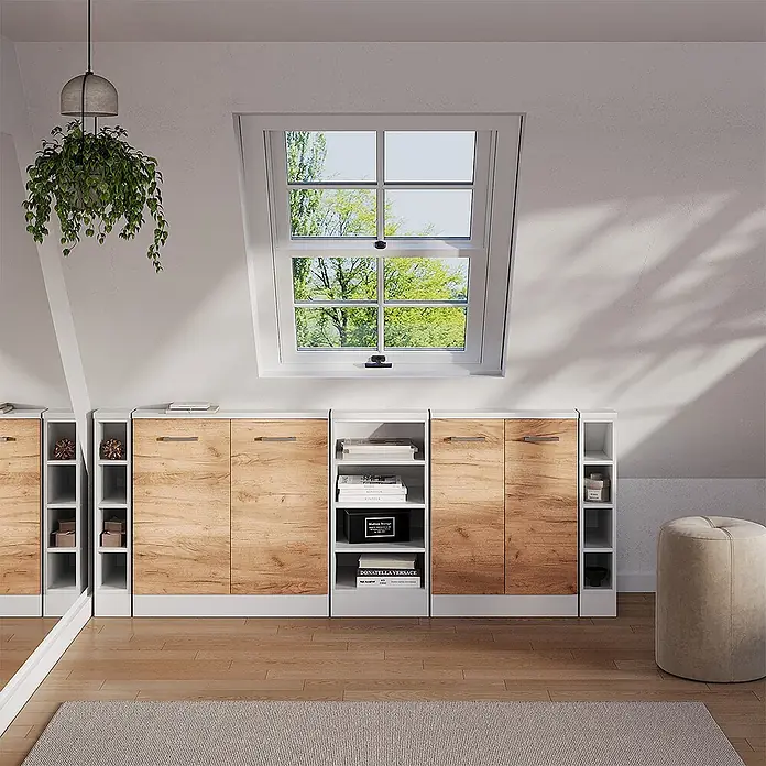 Vicco Schrankküche R-Line Weiß mit 4 Fächern - Dachschrägenschrank 15 cm offen - Modulares Schranksystem mit weißen Rahmen und Holztüren, ideal für Dachschrägen, bietet vielseitigen Stauraum.
