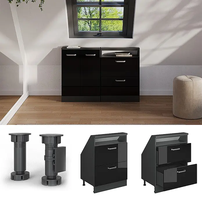 Vicco Küchenleerblock R-Line Schwarz Hochglanz mit 2 Schubladen - Breite: 60 cm, Schwarz Hochglanz - Schwarzes Hochglanz-Modulschranksystem für Dachschrägen, mit Türen und Schubladen und silbernen Griffen.