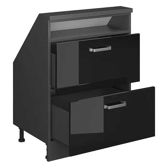 Vicco Küchenleerblock R-Line Schwarz Hochglanz mit 2 Schubladen - Breite: 60 cm, Schwarz Hochglanz - Dunkelgrauer Zweischubladen-Schrank mit glänzenden schwarzen Fronten, silbernen Griffen und einem offenen oberen Regal. Beide Schubladen sind teilweise geöffnet.