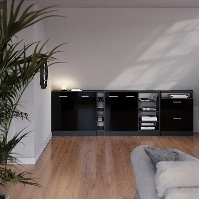 Vicco Küchenleerblock R-Line Schwarz Hochglanz mit 2 Schubladen - Breite: 60 cm, Schwarz Hochglanz - Glänzende schwarze modulare Aufbewahrungsschränke mit grauen Rahmen, die viel Ausstellungs- und geschlossenen Stauraum in einem modernen Wohnraum bieten.