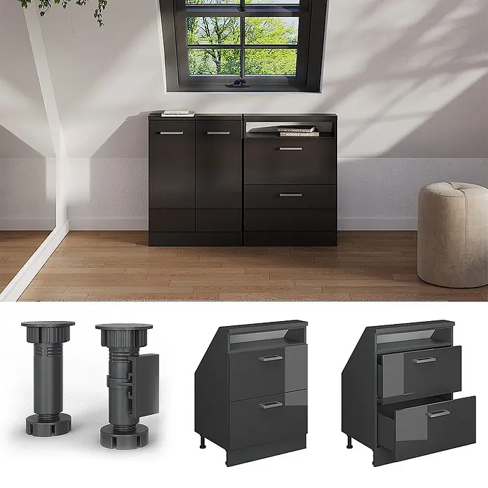 Vicco Küchenleerblock R-Line Anthrazit Hochglanz mit 2 Schubladen - Breite: 60 cm, Anthrazit Hochglanz - Dunkelgraue, glänzende Kommoden für Dachschrägen, mit verstellbaren Füßen.