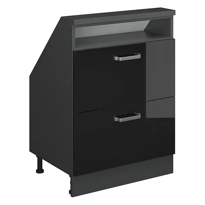 Vicco Küchenleerblock R-Line Schwarz Hochglanz mit 2 Schubladen - Breite: 60 cm, Schwarz Hochglanz - Dunkelgrauer und hochglänzend schwarzer Aufbewahrungsschrank mit zwei Schubladen, offenem Regal und Metallgriffen.