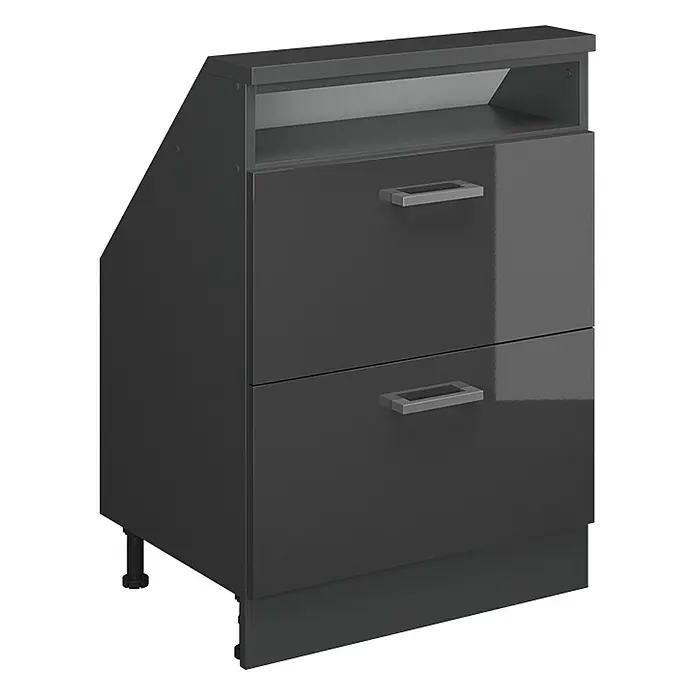 Vicco Küchenleerblock R-Line Anthrazit Hochglanz mit 2 Schubladen - Breite: 60 cm, Anthrazit Hochglanz - Glänzender dunkelgrauer Schrank mit zwei Schubladen, offenem Ablagefach und Metallgriffen.