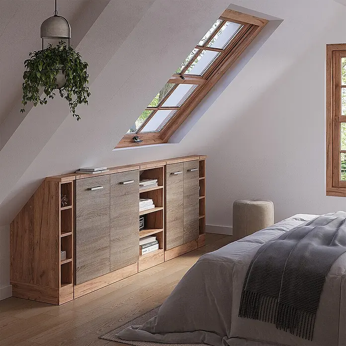 Vicco Schrankküche R-Line Sonoma 5er Set - Sonoma, Dachschrägenzeile 210cm - Modulares Holzschrank-System mit Türen und offenen Fächern, maßgefertigt für Dachschrägenzimmer, in einem Schlafzimmer.