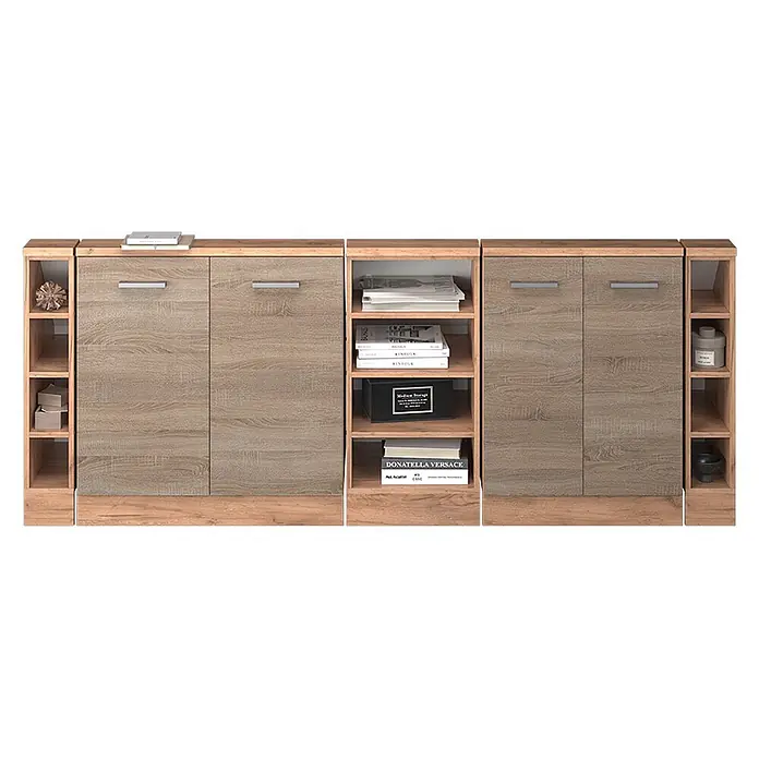 Vicco Schrankküche R-Line Sonoma 5er Set - Sonoma, Dachschrägenzeile 210cm - Modulare Aufbewahrungseinheit in heller Holzoptik mit geschlossenen Türen und offenen Regalen.