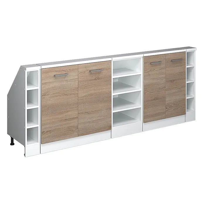 Vicco Schrankküche R-Line Sonoma 5er Set - Sonoma, Dachschrägenzeile 210cm - Langes Sideboard mit offenen weißen Regalen und hellen Holzmaserung-Schranktüren.