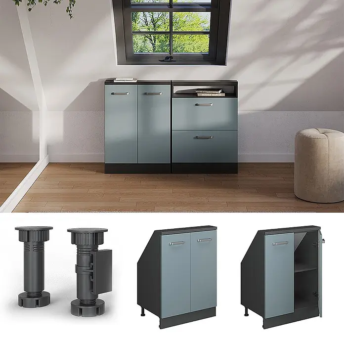 Vicco Schrankküche R-Line Blau-Grau mit 2 Türen - Blau-Grau, Dachschrägenschrank 60cm - Modulare blau-graue und dunkelgraue Dachschrägenschränke mit abgeschrägten Seiten, gezeigt mit verstellbaren Füßen.
