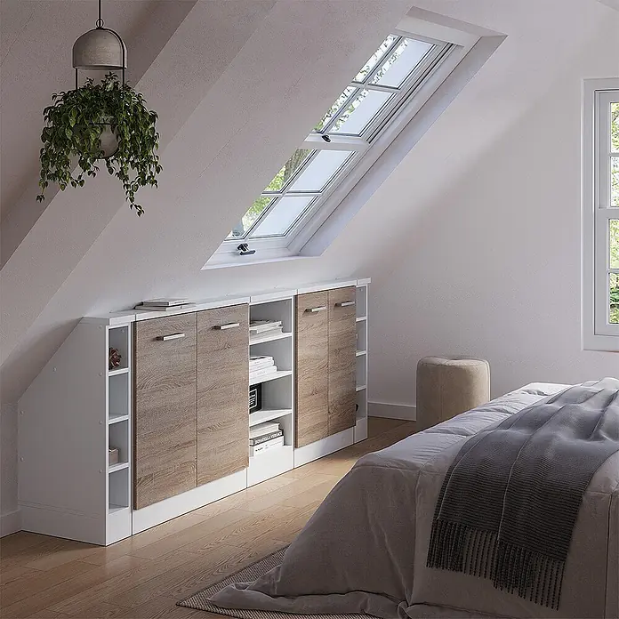 Vicco Schrankküche R-Line Sonoma 5er Set - Sonoma, Dachschrägenzeile 210cm - Modulares Dachschrägenschranksystem mit weißen Regalen und hellen Holzmaserungstüren, perfekt unter einer Schräge im Schlafzimmer.