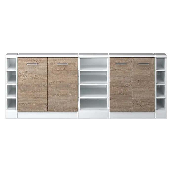 Vicco Schrankküche R-Line Sonoma 5er Set - Sonoma, Dachschrägenzeile 210cm - Modernes modulares Sideboard mit hellen Eichenholz-Schranktüren und weißen offenen Regaleinheiten.