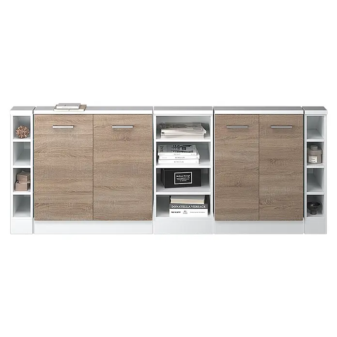 Vicco Schrankküche R-Line Sonoma 5er Set - Sonoma, Dachschrägenzeile 210cm - Modulares Stauraummöbel mit hellen Holzmaserungstüren und weißen offenen Regalen. Bietet viel Stauraum und Präsentationsfläche.