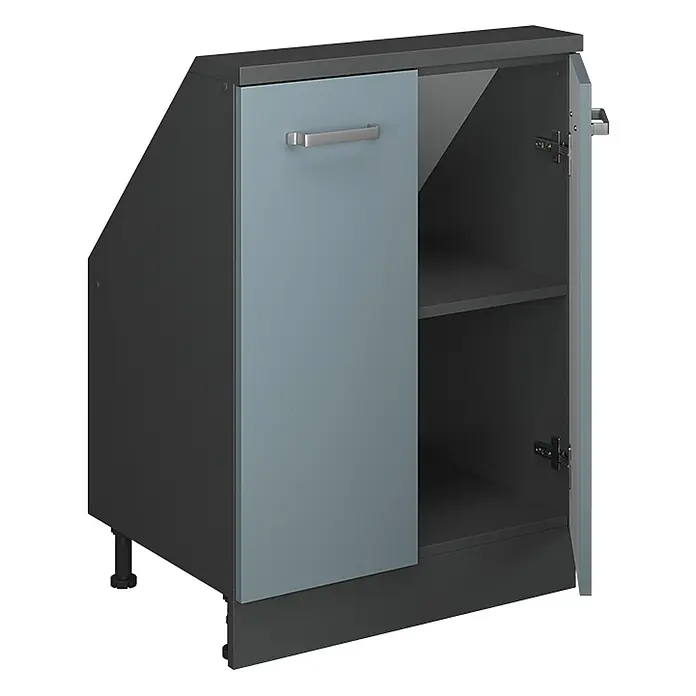 Vicco Schrankküche R-Line Blau-Grau mit 2 Türen - Blau-Grau, Dachschrägenschrank 60cm - Dunkelgrauer Schrank mit schräger Seite, graublauer Tür, die teilweise zwei Regalböden zeigt, und verstellbaren Füßen.