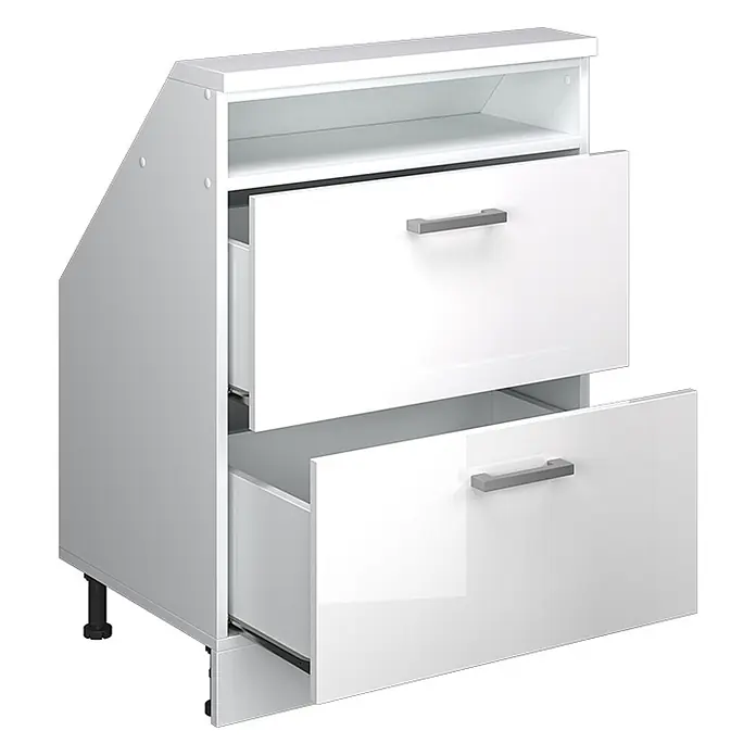Vicco Schrankküche R-Line Weiß Hochglanz mit 2 Schubladen - Weiß Hochglanz, Dachschrägenschrank 60cm mit Schublade - Weißer Hochglanz-Küchenunterschrank mit zwei geöffneten Schubladen und offenem Fach.