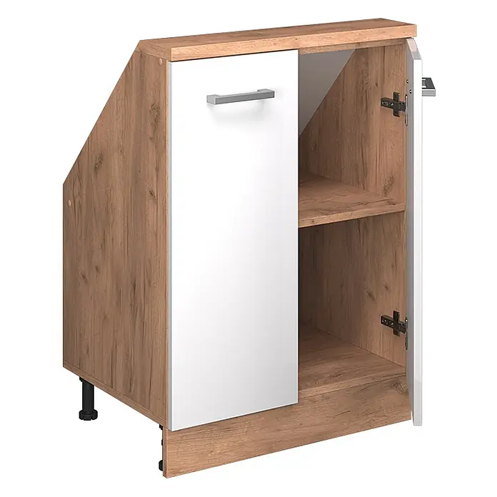 Vicco Küchenleerblock R-Line Weiß Hochglanz mit 2 Türen - Breite: 60 cm, Weiß Hochglanz - Zweifarbiges Holzregal mit abgeschrägter Seite, weißer Tür und Innenablage, ideal für den Stauraum unter Treppen.