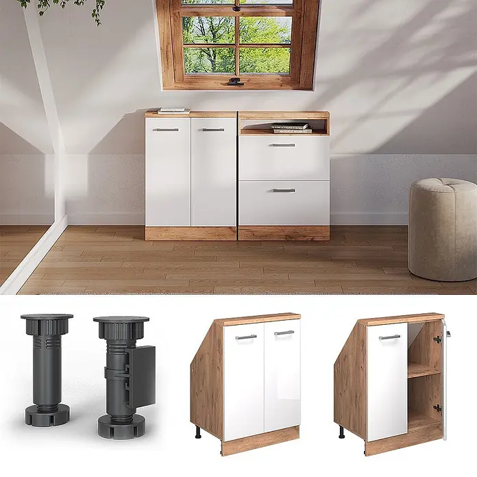 Vicco Küchenleerblock R-Line Weiß Hochglanz mit 2 Türen - Breite: 60 cm, Weiß Hochglanz - Weiße und holzfarbene Dachschrägenschränke mit verstellbaren Füßen, mit Tür-, Schubladen- und Regaleinheiten.