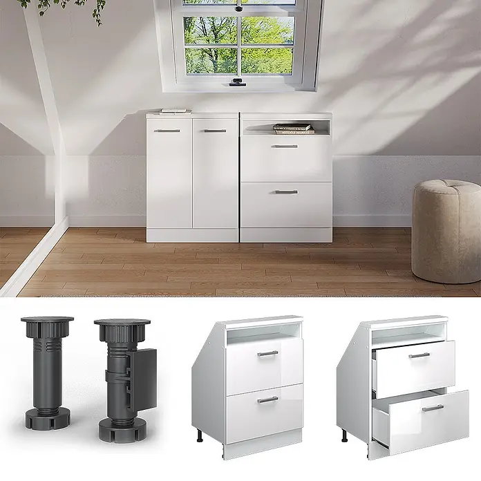Vicco Schrankküche R-Line Weiß Hochglanz mit 2 Schubladen - Weiß Hochglanz, Dachschrägenschrank 60cm mit Schublade - Weiße modulare Schränke mit verstellbaren Füßen, konzipiert für Räume mit Dachschrägen.