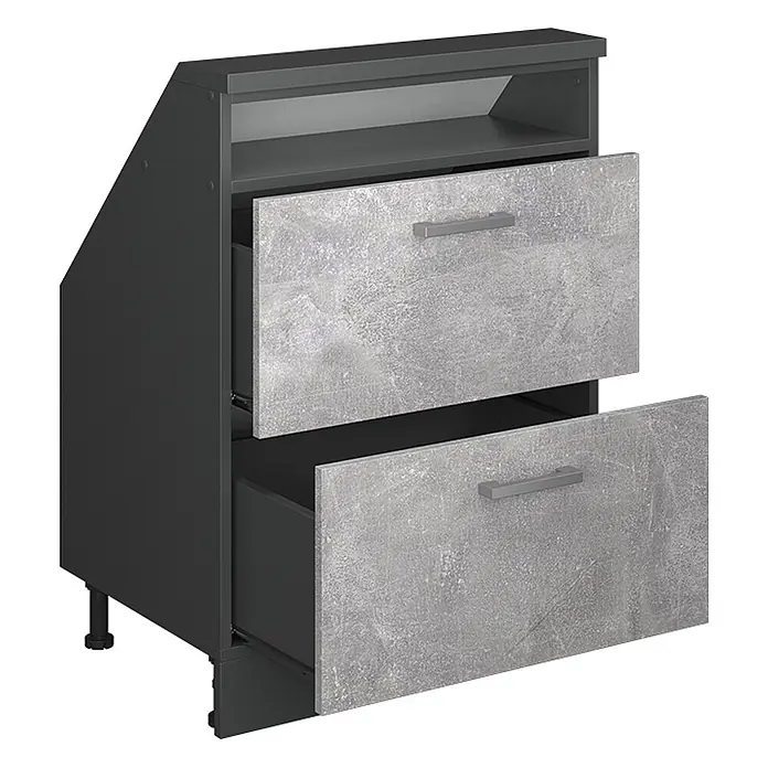 Vicco Schrankküche R-Line Beton mit 2 Schubladen - Beton, Dachschrägenschrank 60cm mit Schublade - Dunkelgrauer Küchenunterschrank mit zwei teilweise geöffneten hellgrauen Schubladen in Betonoptik und einer offenen Ablage.