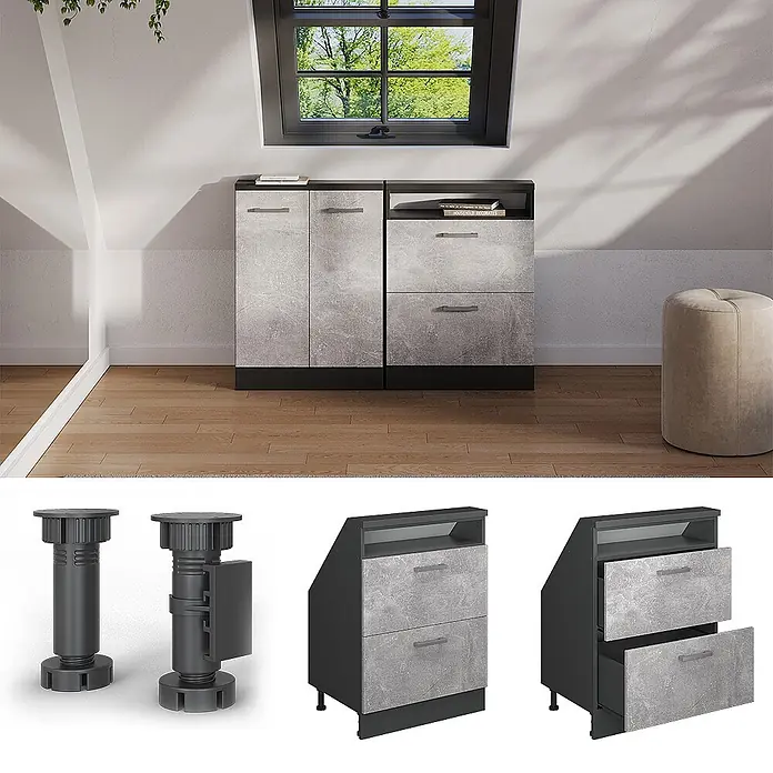 Vicco Schrankküche R-Line Beton mit 2 Schubladen - Beton, Dachschrägenschrank 60cm mit Schublade - Graue Betonoptik- und dunkelgraue modulare Schränke: einer mit Türen, einer mit Schubladen, für Dachschrägen, inkl. verstellbarer Füße.