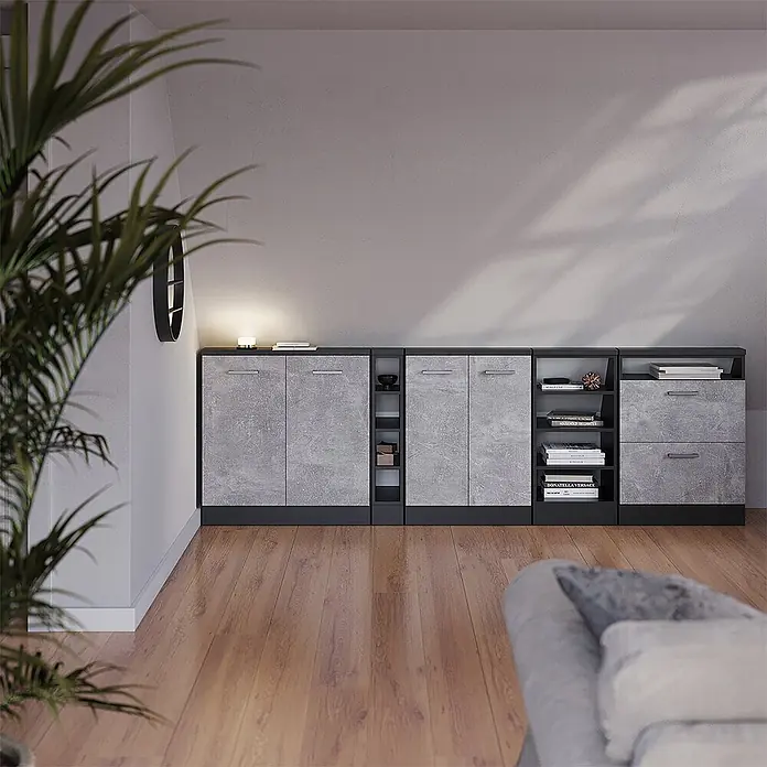 Vicco Schrankküche R-Line Beton mit 2 Schubladen - Beton, Dachschrägenschrank 60cm mit Schublade - Modulares Aufbewahrungssystem mit Beton-Optik und dunklen Rahmen, bestehend aus Schränken, Schubladen und offenen Regalen.