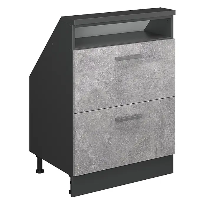 Vicco Schrankküche R-Line Beton mit 2 Schubladen - Beton, Dachschrägenschrank 60cm mit Schublade - Dunkelgrauer Schrank mit zwei Schubladen in Betonoptik und offenem oberen Fach, mit schräger linker Seite.