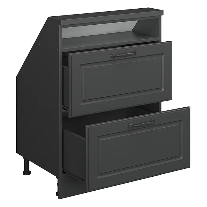 Vicco Schrankküche R-Line Anthrazit Landhaus mit 2 Schubladen - Anthrazit Landhaus, Dachschrägenschrank 60cm mit Schublade - Dunkelgrauer Küchenunterschrank mit zwei teilweise geöffneten Schubladen, offenem Ablagefach und verstellbaren Füßen.