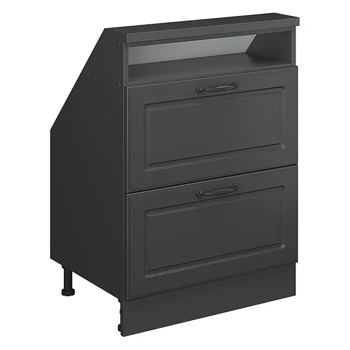 Vicco Schrankküche R-Line Anthrazit Landhaus mit 2 Schubladen - Anthrazit Landhaus, Dachschrägenschrank 60cm mit Schublade - Dunkelgrauer Küchenunterschrank mit zwei Schubladen, offenem Fach und verstellbaren Füßen.