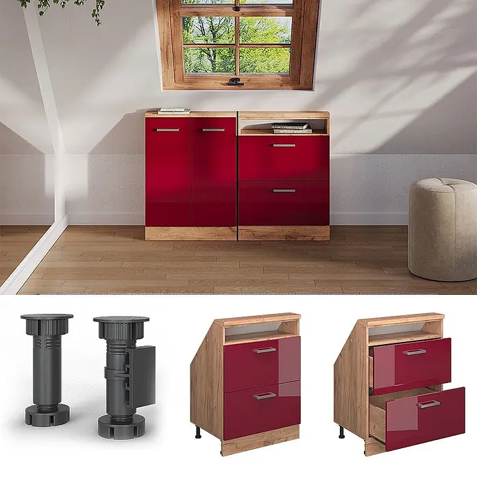 Vicco Küchenleerblock R-Line Rot Hochglanz mit 2 Schubladen - Breite: 60 cm, Rot Hochglanz - Zwei rote und holzfarbene Schränke mit schrägen Oberseiten, ideal für Dachschrägenzimmer, bieten stilvollen Stauraum.