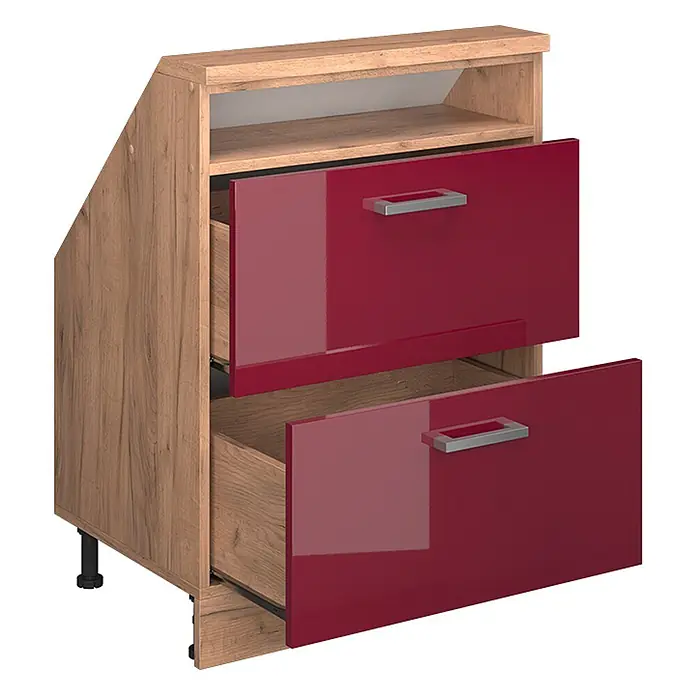 Vicco Küchenleerblock R-Line Rot Hochglanz mit 2 Schubladen - Breite: 60 cm, Rot Hochglanz - Eckunterschrank in Holzoptik mit zwei teilweise geöffneten, glänzenden roten Schubladen und offenem Fach.