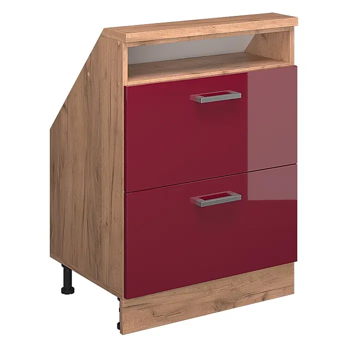 Vicco Küchenleerblock R-Line Rot Hochglanz mit 2 Schubladen - Breite: 60 cm, Rot Hochglanz - Abgeschrägter Unterschrank in Holzoptik mit roten Hochglanzschubladen, silbernen Griffen und offenem Fach.