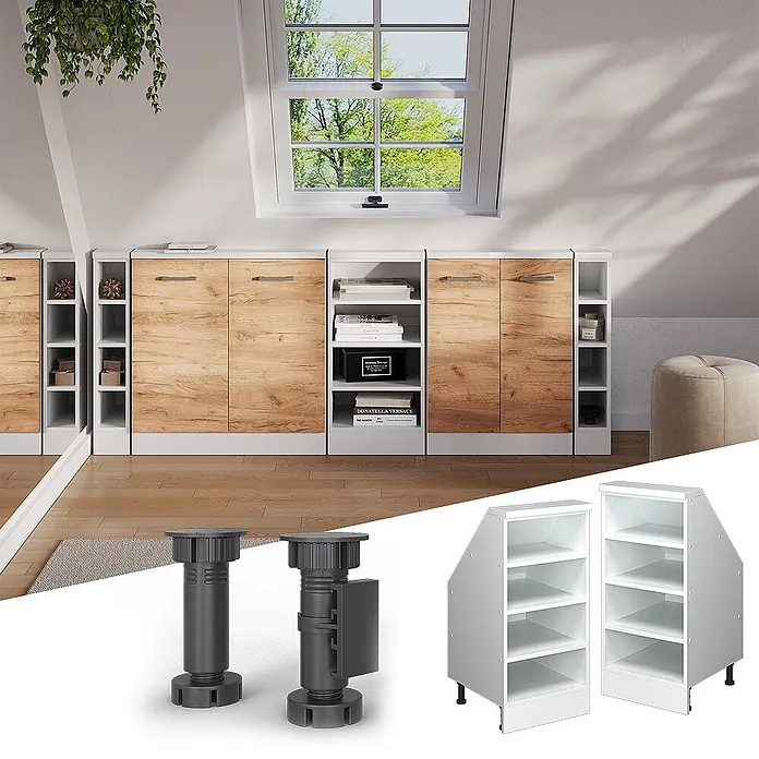 Vicco Schrankküche R-Line Weiß mit 4 Fächern - Dachschrägenschrank 40cm offen - Modulares Dachschrägenschranksystem mit weißen Rahmen und Holzmaserungstüren, passend für schräge Decken, in einem Raum mit Dachfenster.
