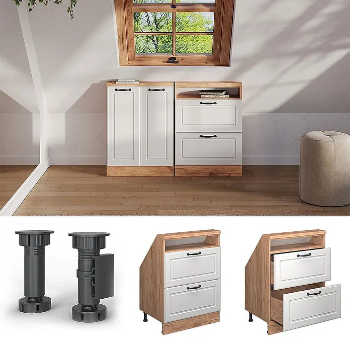 Vicco Küchenleerblock R-Line Weiß Landhaus mit 2 Schubladen - Breite: 60 cm, Weiß Landhaus - Dachschrägen-Küchenschränke in heller Holzoptik und Weiß, mit Türen, Schubladen und verstellbaren Füßen. Ideal für Dachböden.
