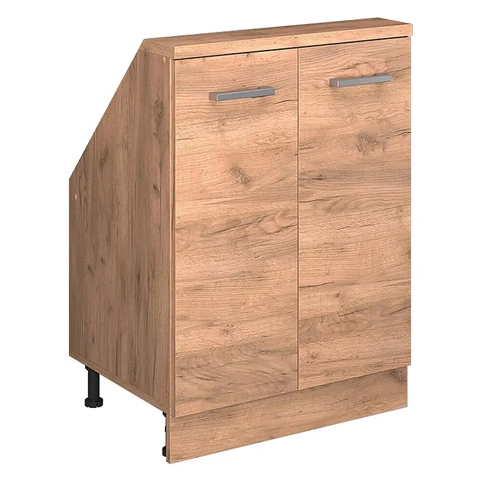 Vicco Schrankküche R-Line Goldkraft Eiche mit 2 Türen - Goldkraft Eiche, Dachschrägenschrank 60cm - Helles Holzdekor Unterschrank mit zwei Türen, silbernen Griffen und schräger linker Seite, ideal für Dachschrägen.